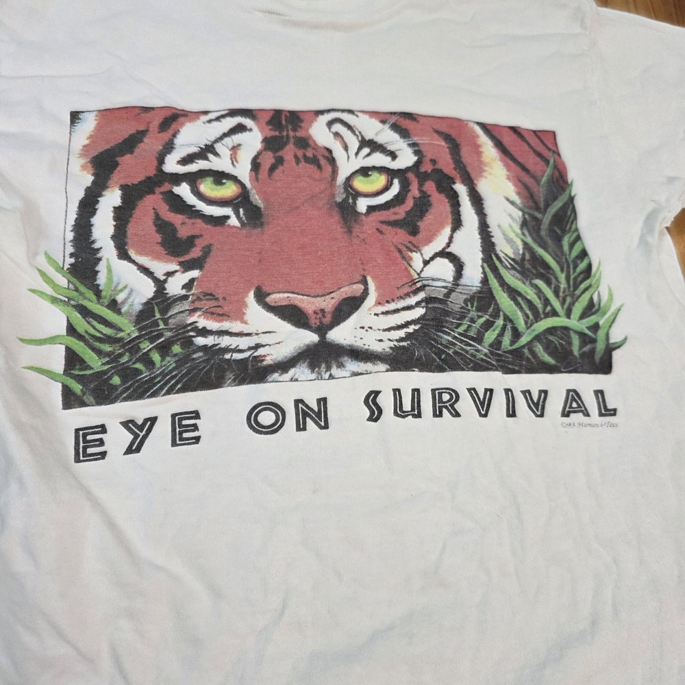 Vtg Eye On Survival Tiger Shirt Human-I-Tees Mens Small Fruit Of The Loom 90s - Picture 2 of 8